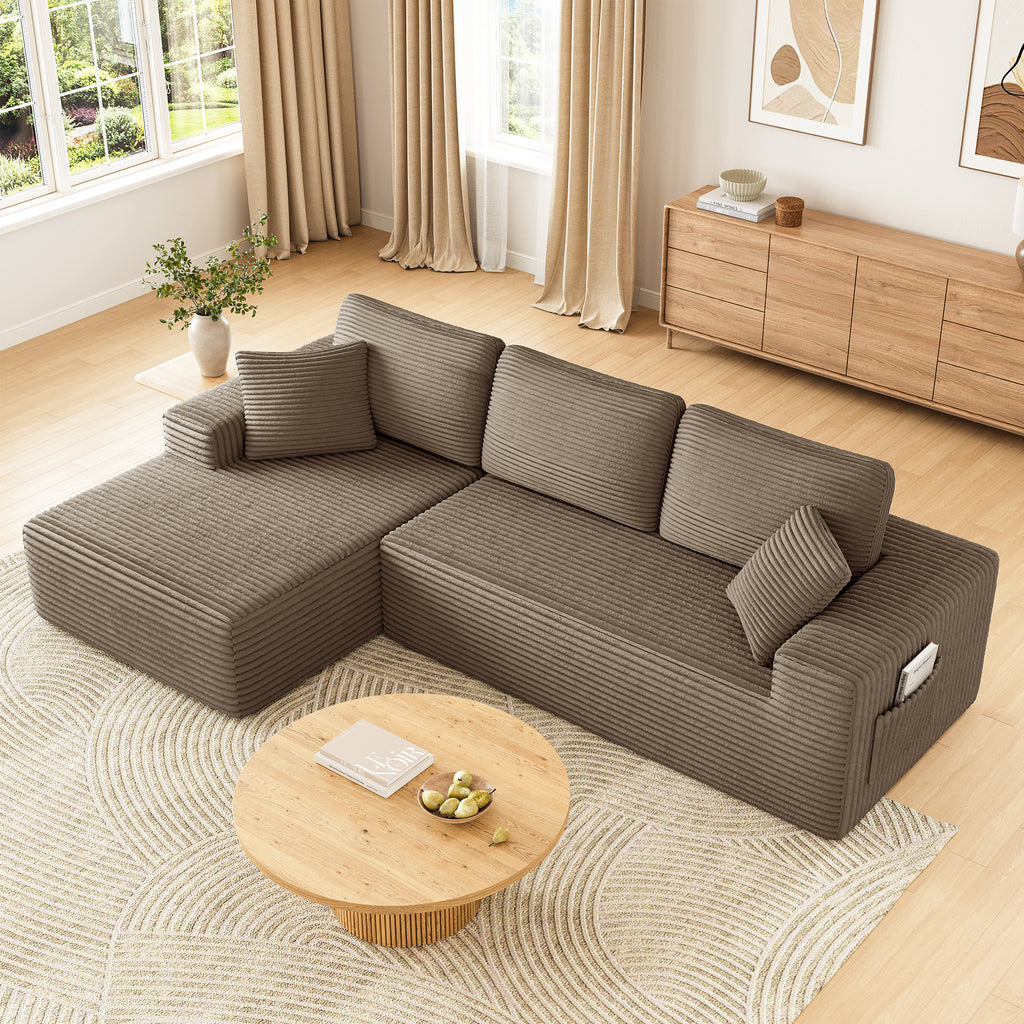 108" Boneless Sofa for Living Room, COFUNOK Modern L-Shaped Corduroy Sectional, Modular Cloud Couch with Deep Seating Upholstered Sofa, Oversized,No Assembly,Brown