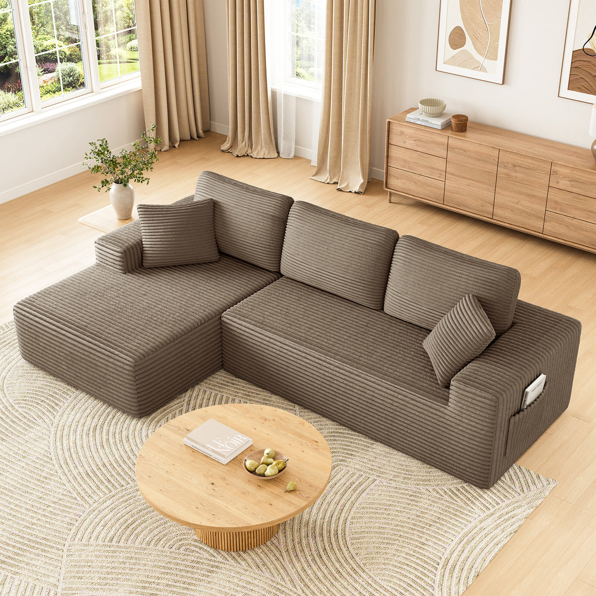 108" Boneless Sofa for Living Room, COFUNOK Modern L-Shaped Corduroy Sectional, Modular Cloud Couch with Deep Seating Upholstered Sofa, Oversized,No Assembly,Brown