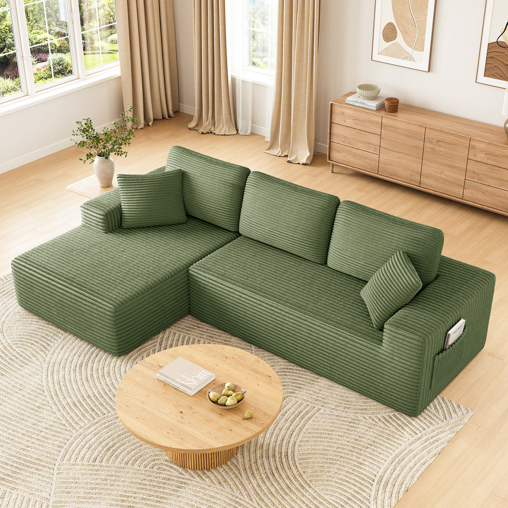 108" Boneless Sofa for Living Room, COFUNOK Modern L-Shaped Corduroy Sectional, Modular Cloud Couch with Deep Seating Upholstered Sofa, Oversized,No Assembly,Green