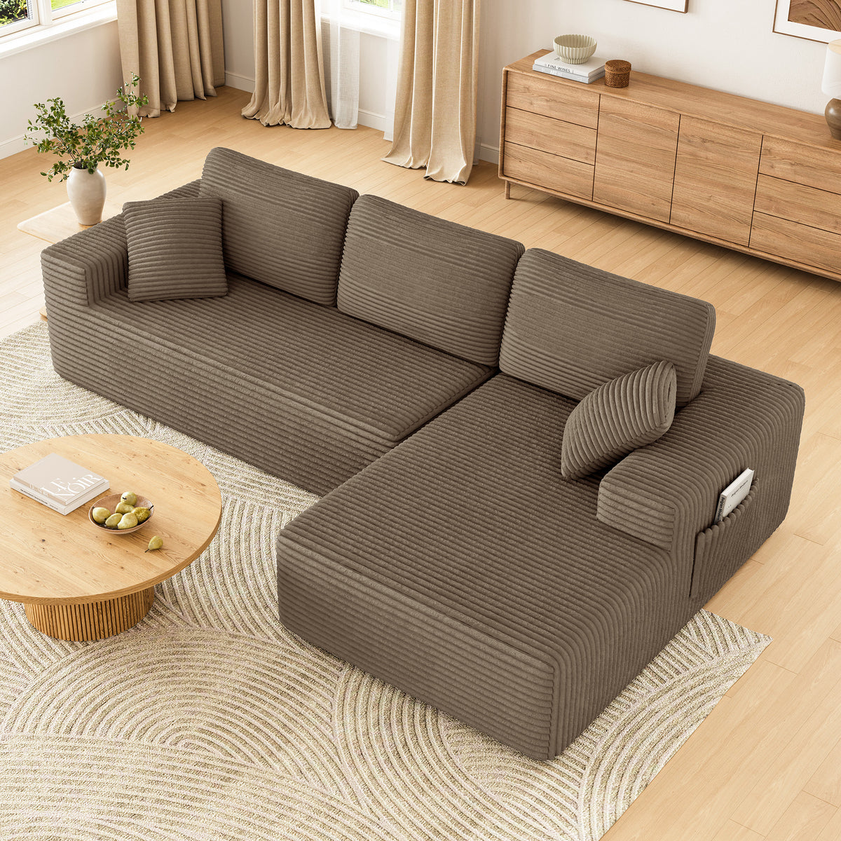 108" Boneless Sofa for Living Room, COFUNOK Modern L-Shaped Corduroy Sectional, Modular Cloud Couch with Deep Seating Upholstered Sofa, Oversized,No Assembly,Brown