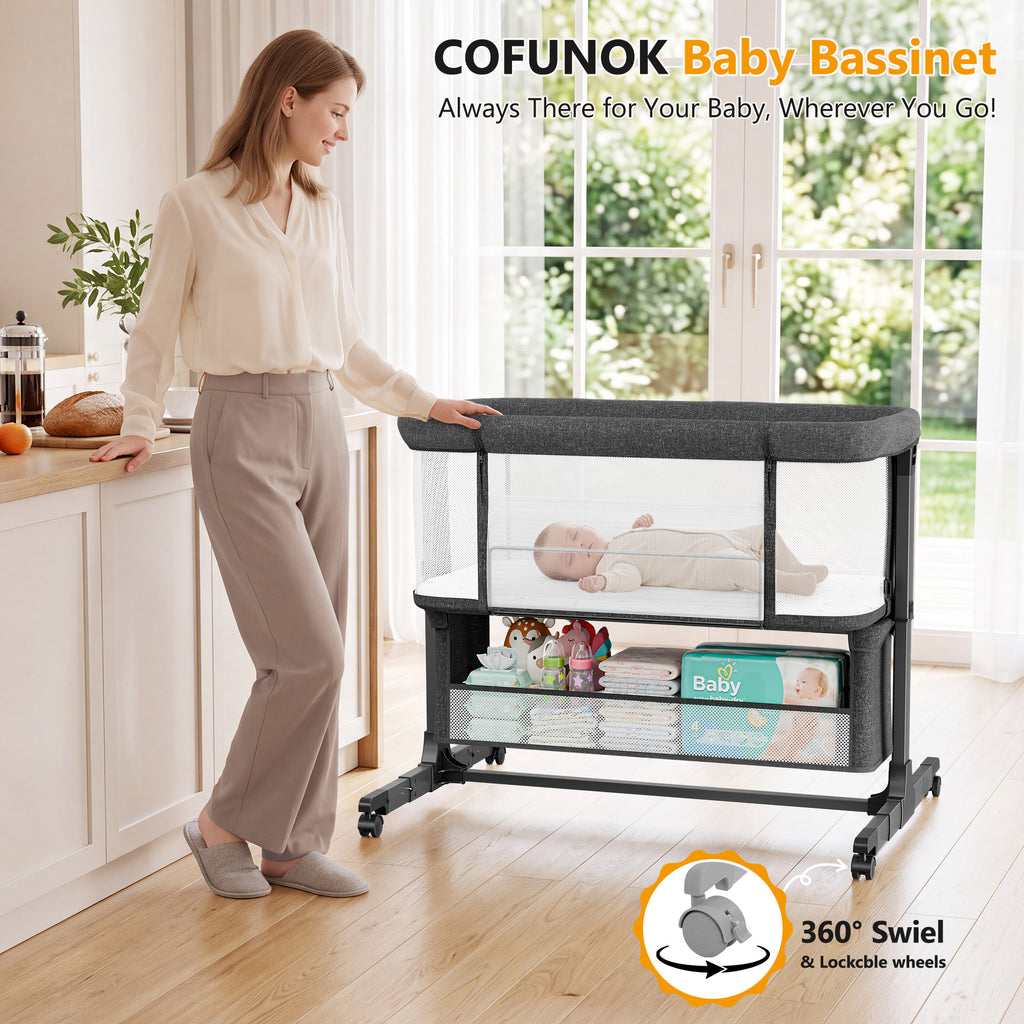 COFUNOK Baby Bassinet,Baby Bassinets Bedside Sleeper With 360° Swivel Wheels,Bedside Bassinet for Newborns,7 Adjustable Height,Full-Mesh Sides,Large Storage Basket-Dark gray