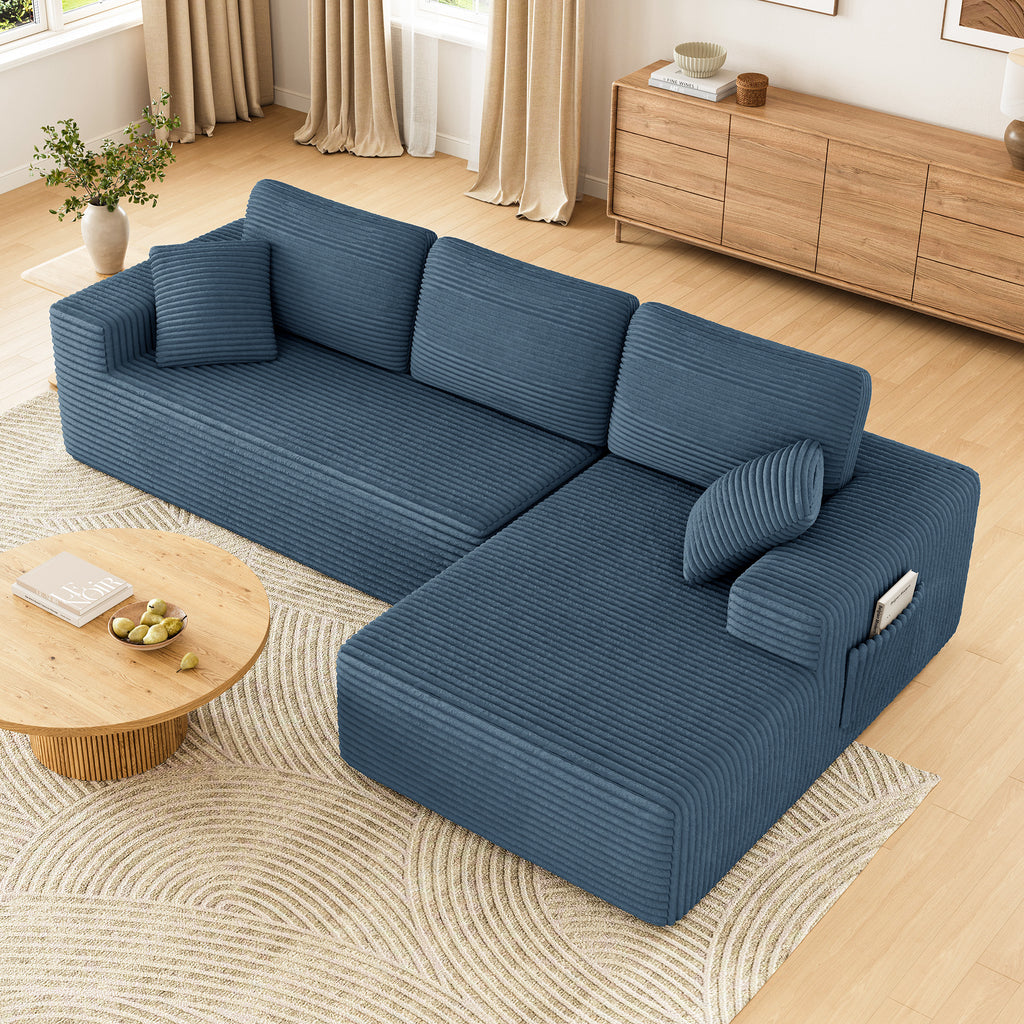 108" Boneless Sofa for Living Room, COFUNOK Modern L-Shaped Corduroy Sectional, Modular Cloud Couch with Deep Seating Upholstered Sofa, Oversized,No Assembly,Blue