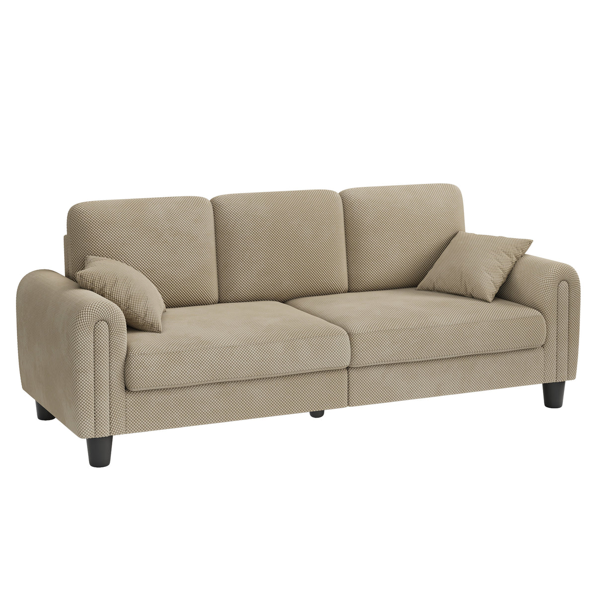 3 Seater Sofa Couches for Living Room, 84.6" Coffee Bean Textured Fabric, 2 Pillows, Camel