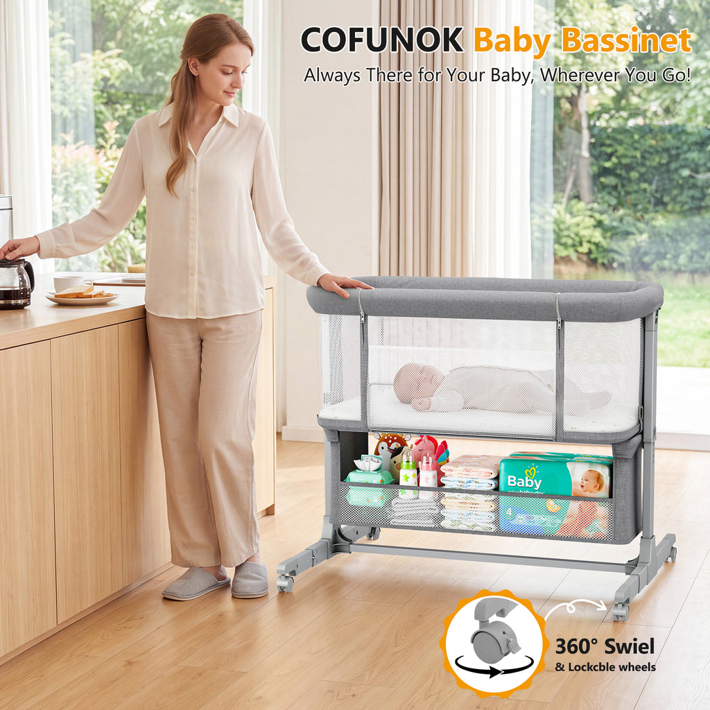 COFUNOK Baby Bassinet,Bedside Bassinet for Baby,Baby Bassinets Bedside Sleeper for Newborns,With 360° Swivel Wheels,7 Adjustable Height,Full-Mesh Sides,Large Storage Basket-Light gray