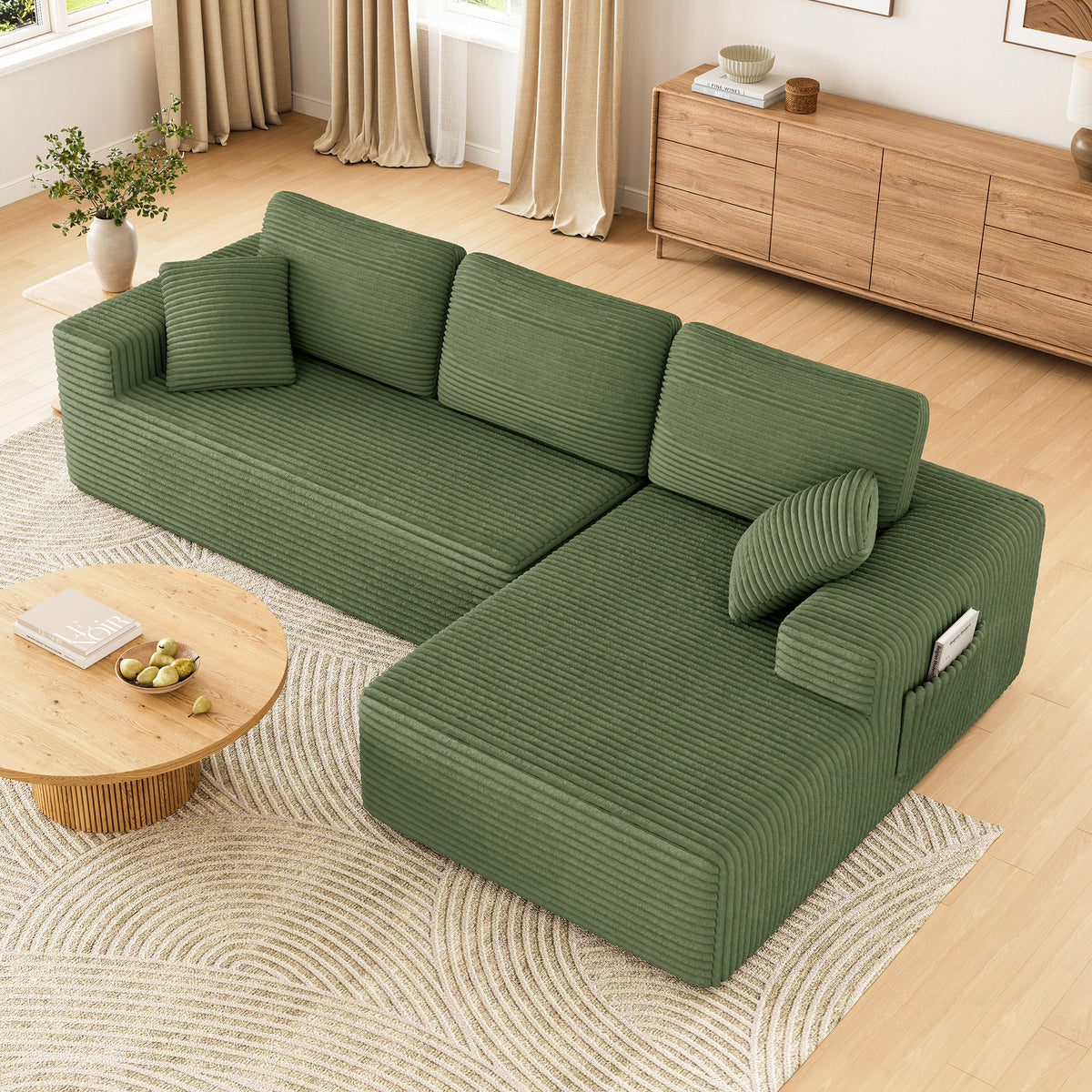 108" Boneless Sofa for Living Room, COFUNOK Modern L-Shaped Corduroy Sectional, Modular Cloud Couch with Deep Seating Upholstered Sofa, Oversized,No Assembly,Green