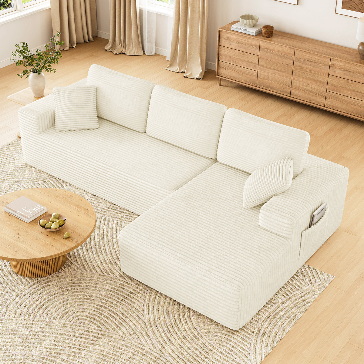 108" Boneless Sofa for Living Room, COFUNOK Modern L-Shaped Corduroy Sectional, Modular Cloud Couch with Deep Seating Upholstered Sofa, Oversized,No Assembly,Beige