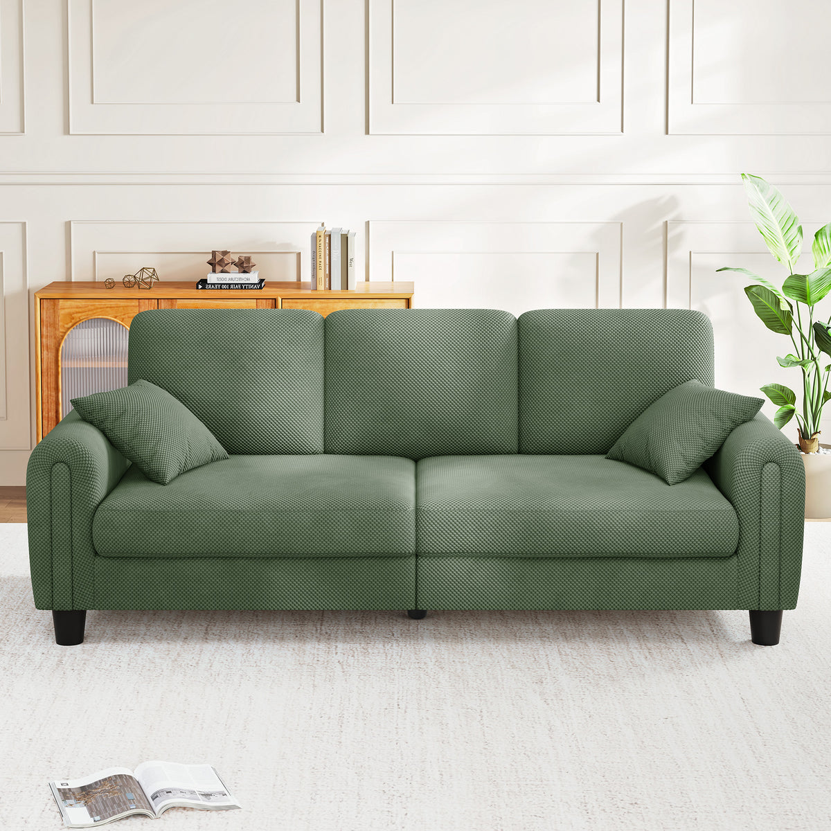 3 Seater Sofa Couches for Living Room, 84.6" Coffee Bean Textured Fabric, 2 Pillows, Green