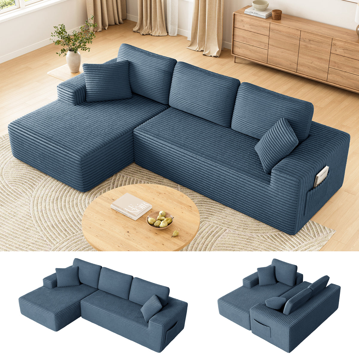 108" Boneless Sofa for Living Room, COFUNOK Modern L-Shaped Corduroy Sectional, Modular Cloud Couch with Deep Seating Upholstered Sofa, Oversized,No Assembly,Blue