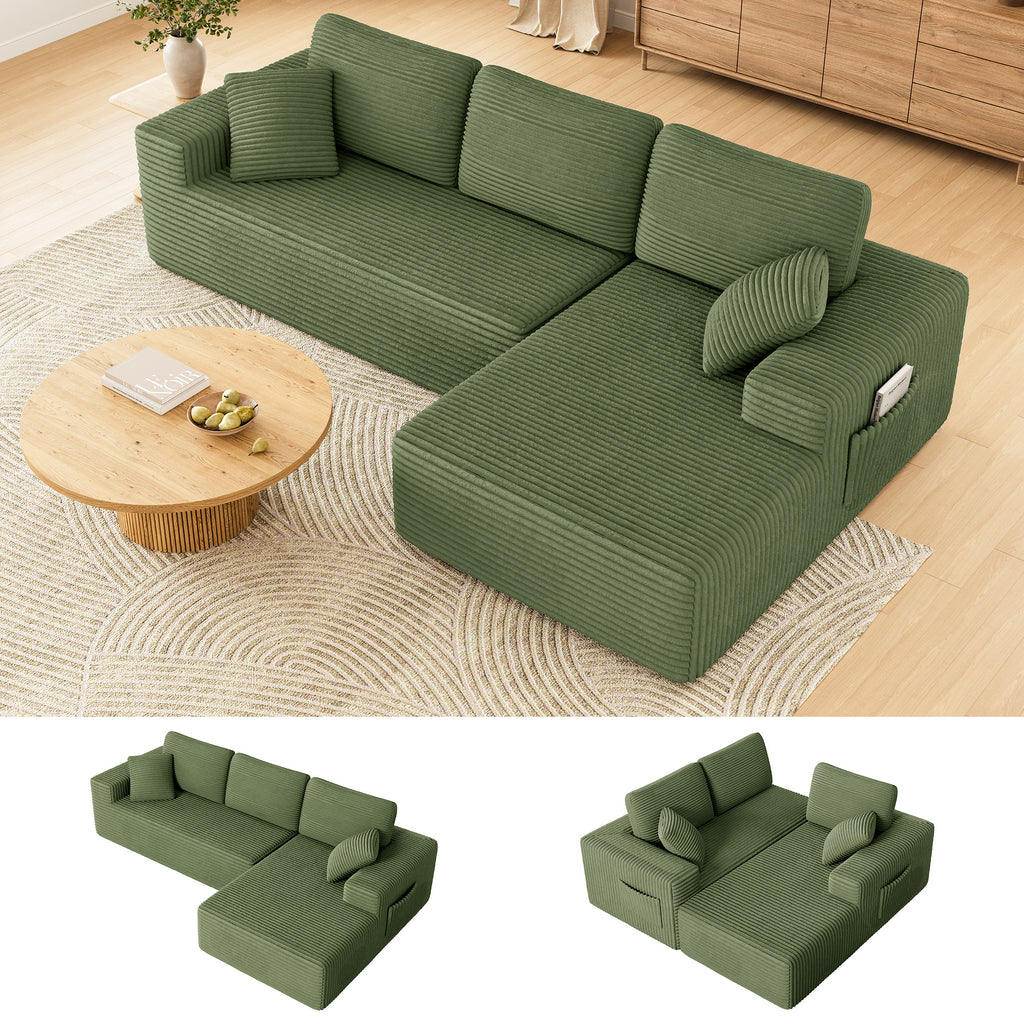 108" Boneless Sofa for Living Room, COFUNOK Modern L-Shaped Corduroy Sectional, Modular Cloud Couch with Deep Seating Upholstered Sofa, Oversized,No Assembly,Green