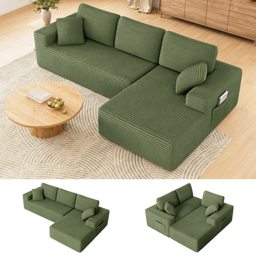108" Boneless Sofa for Living Room, COFUNOK Modern L-Shaped Corduroy Sectional, Modular Cloud Couch with Deep Seating Upholstered Sofa, Oversized,No Assembly,Green