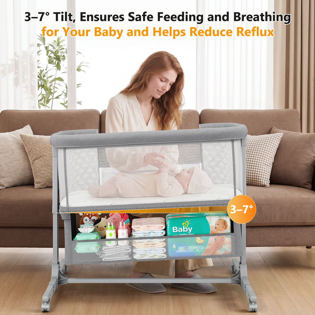 COFUNOK Baby Bassinet,Bedside Bassinet for Baby,Baby Bassinets Bedside Sleeper for Newborns,With 360° Swivel Wheels,7 Adjustable Height,Full-Mesh Sides,Large Storage Basket-Light gray