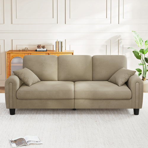 3 Seater Sofa Couches for Living Room, 84.6" Coffee Bean Textured Fabric, 2 Pillows, Camel