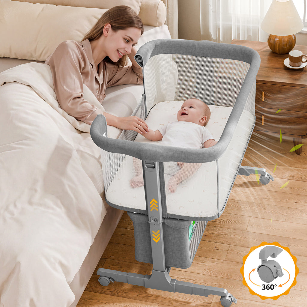 COFUNOK Baby Bassinet,Bedside Bassinet for Baby,Baby Bassinets Bedside Sleeper for Newborns,With 360° Swivel Wheels,7 Adjustable Height,Full-Mesh Sides,Large Storage Basket-Light gray