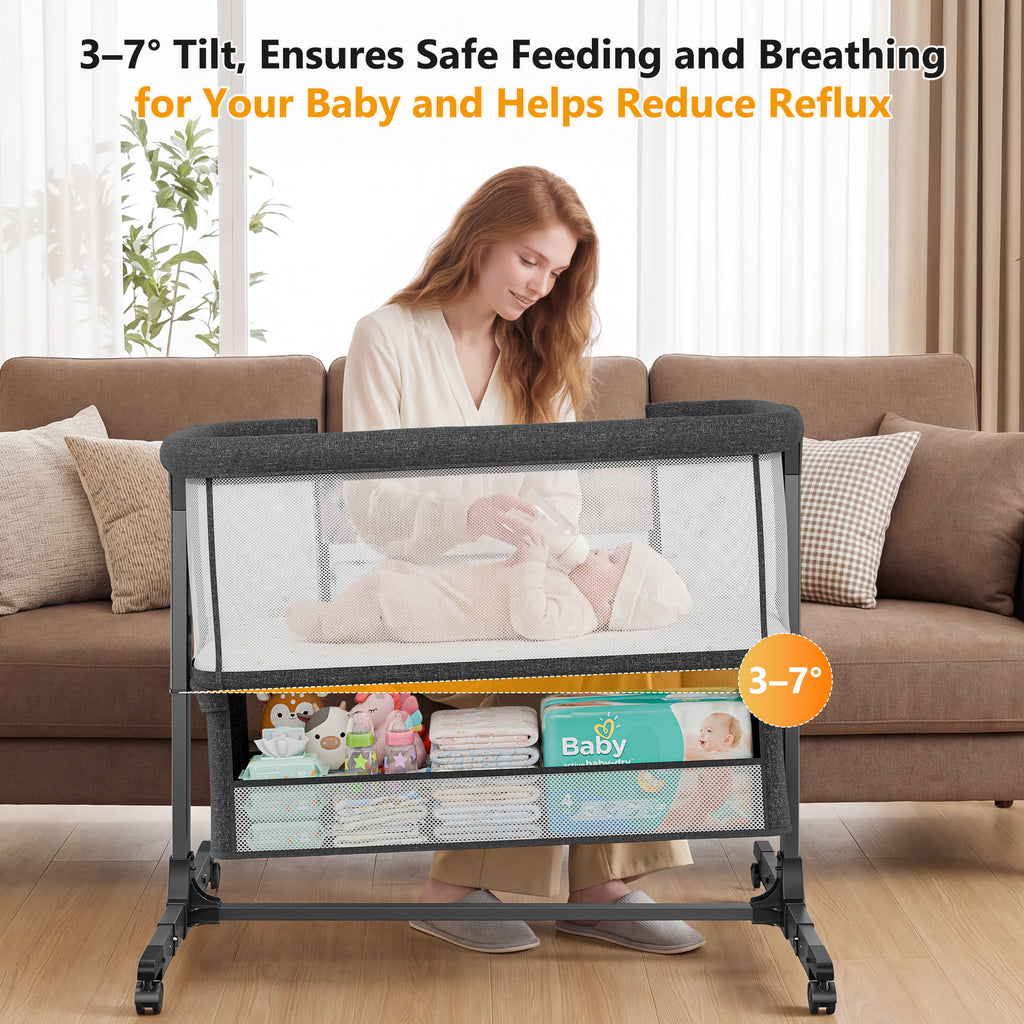 COFUNOK Baby Bassinet,Baby Bassinets Bedside Sleeper With 360° Swivel Wheels,Bedside Bassinet for Newborns,7 Adjustable Height,Full-Mesh Sides,Large Storage Basket-Dark gray