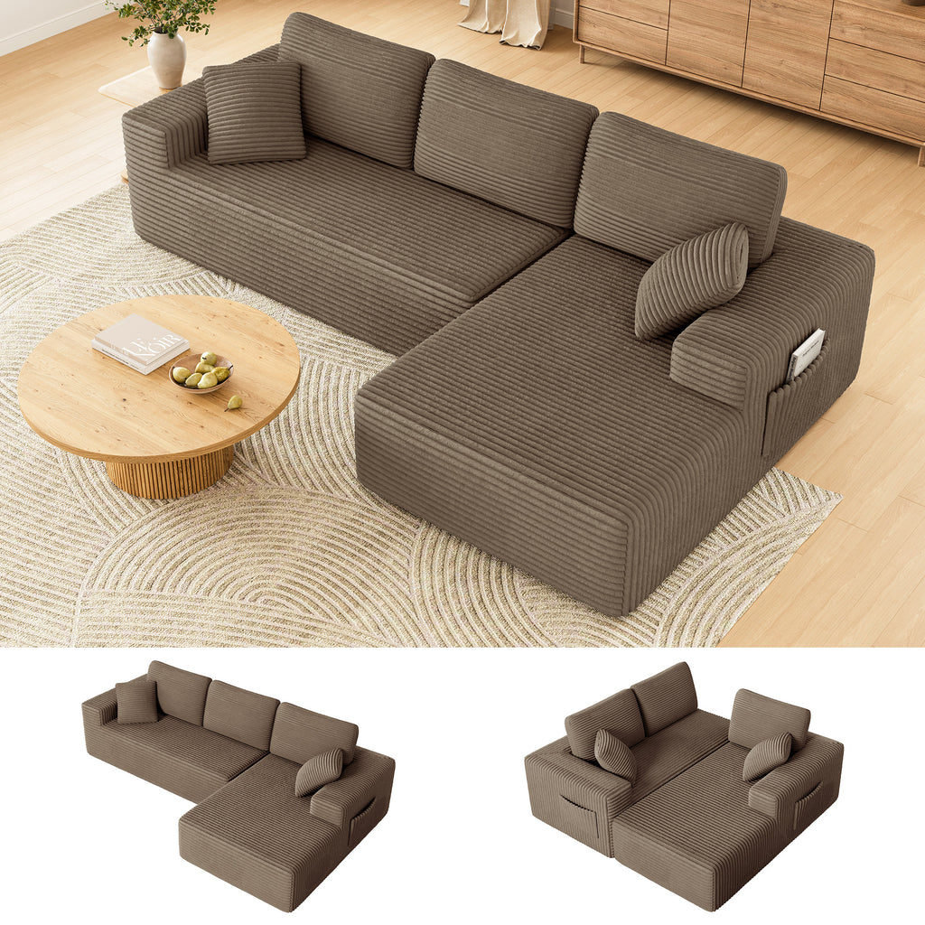 108" Boneless Sofa for Living Room, COFUNOK Modern L-Shaped Corduroy Sectional, Modular Cloud Couch with Deep Seating Upholstered Sofa, Oversized,No Assembly,Brown