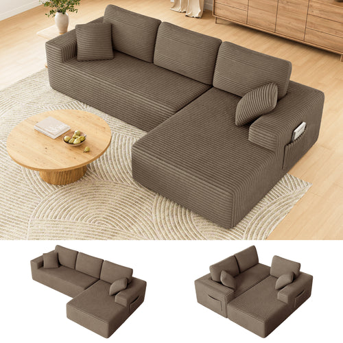108" Boneless Sofa for Living Room, COFUNOK Modern L-Shaped Corduroy Sectional, Modular Cloud Couch with Deep Seating Upholstered Sofa, Oversized,No Assembly,Brown