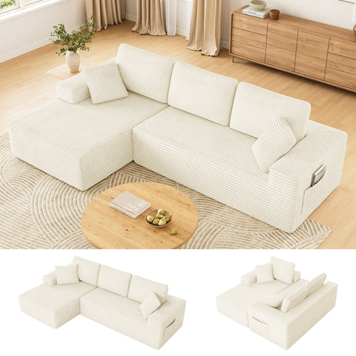 108" Boneless Sofa for Living Room, COFUNOK Modern L-Shaped Corduroy Sectional, Modular Cloud Couch with Deep Seating Upholstered Sofa, Oversized,No Assembly,Beige