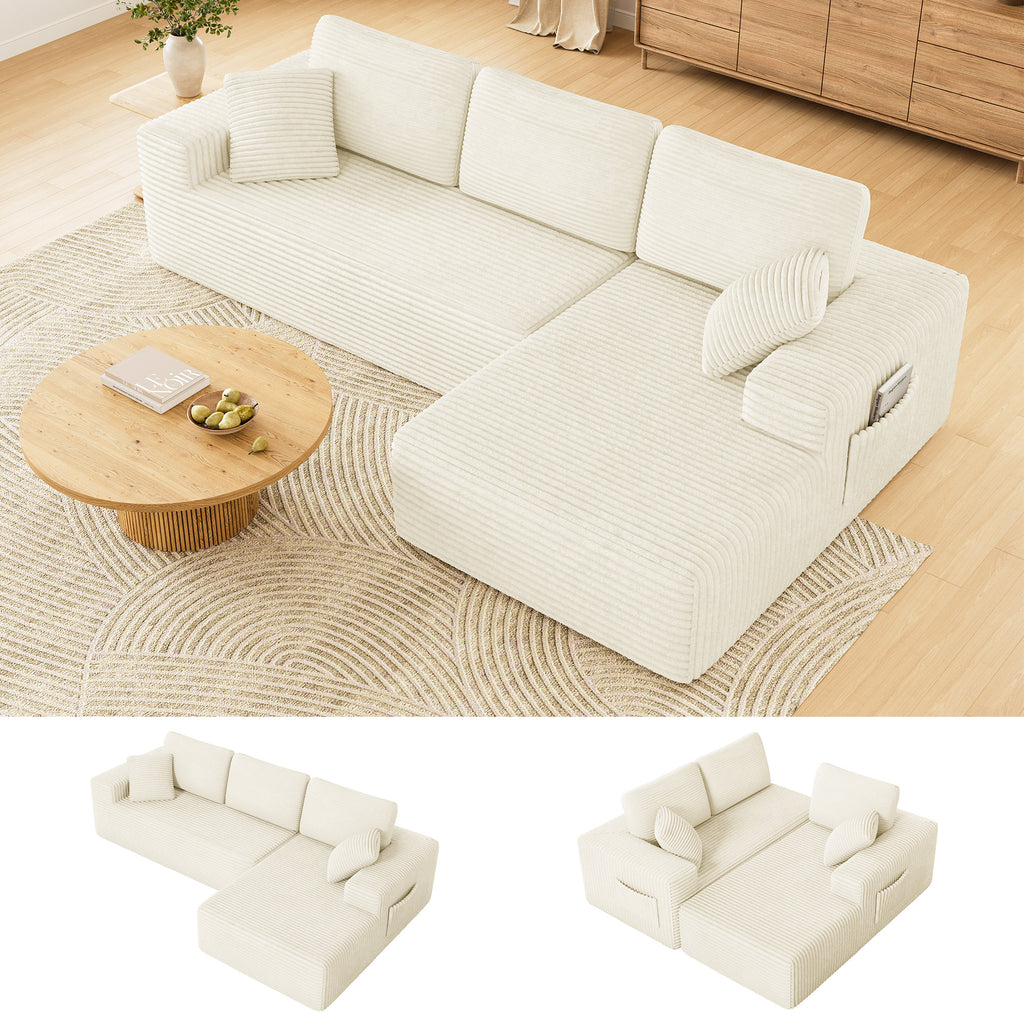 108" Boneless Sofa for Living Room, COFUNOK Modern L-Shaped Corduroy Sectional, Modular Cloud Couch with Deep Seating Upholstered Sofa, Oversized,No Assembly,Beige