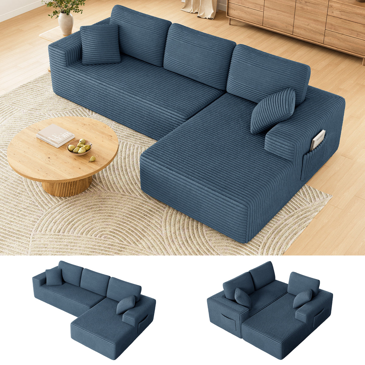 108" Boneless Sofa for Living Room, COFUNOK Modern L-Shaped Corduroy Sectional, Modular Cloud Couch with Deep Seating Upholstered Sofa, Oversized,No Assembly,Blue