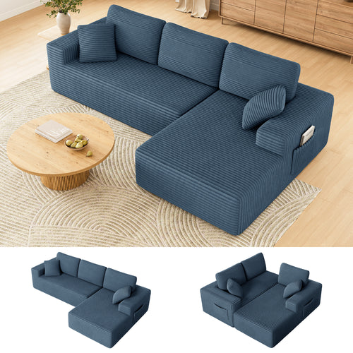 108" Boneless Sofa for Living Room, COFUNOK Modern L-Shaped Corduroy Sectional, Modular Cloud Couch with Deep Seating Upholstered Sofa, Oversized,No Assembly,Blue