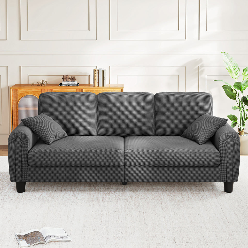 3 Seater Sofa Couches for Living Room, 84.6" Coffee Bean Textured Fabric, 2 Pillows, Gray