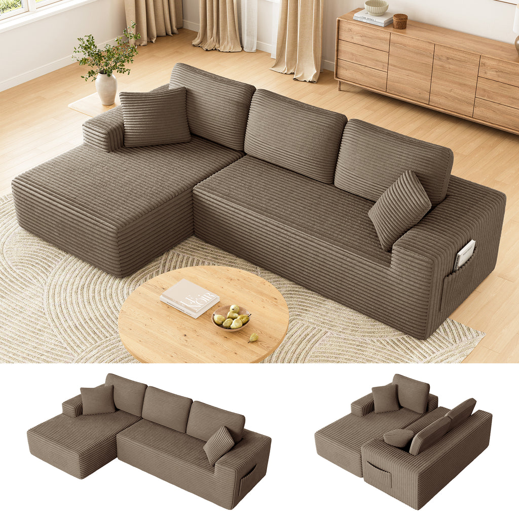 108" Boneless Sofa for Living Room, COFUNOK Modern L-Shaped Corduroy Sectional, Modular Cloud Couch with Deep Seating Upholstered Sofa, Oversized,No Assembly,Brown
