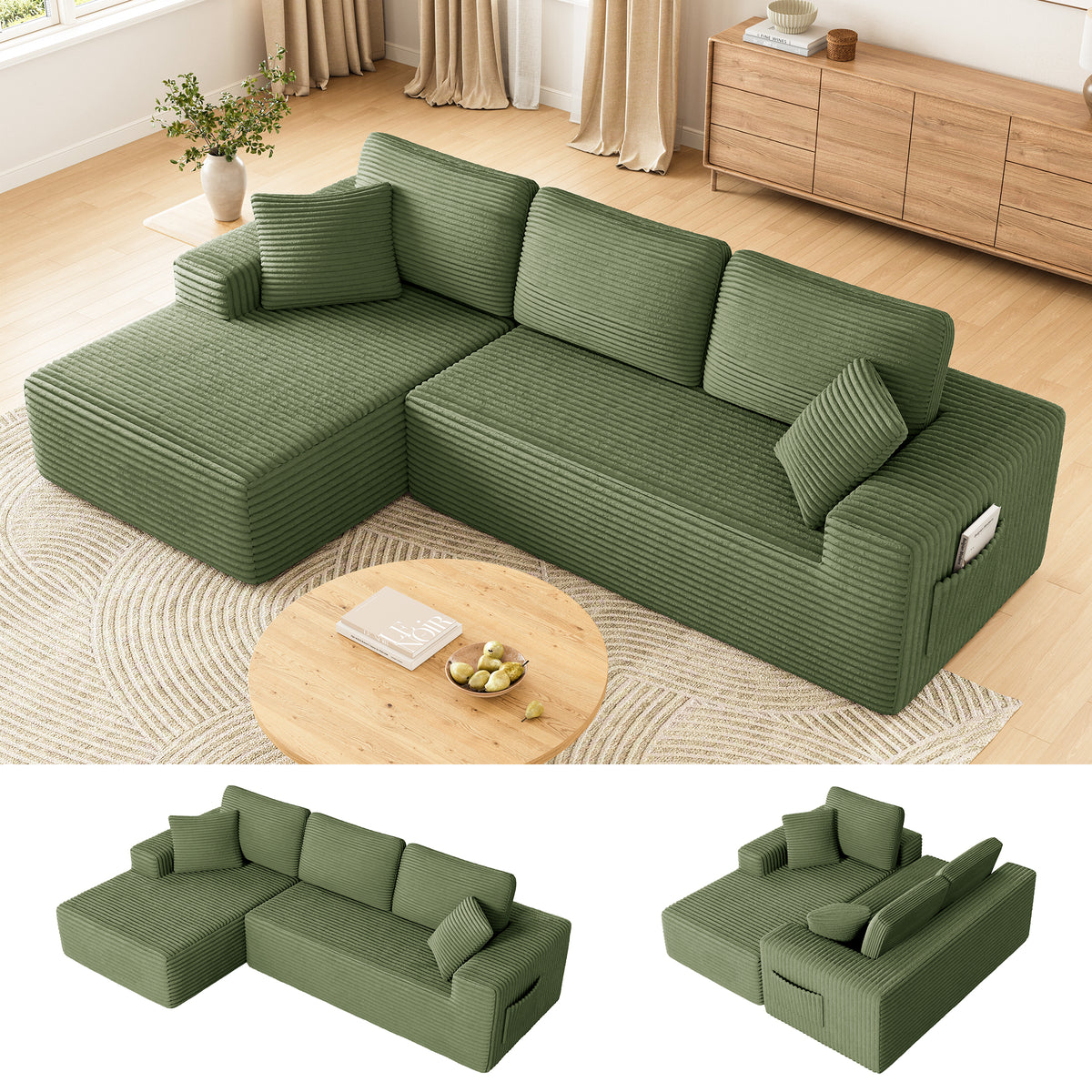 108" Boneless Sofa for Living Room, COFUNOK Modern L-Shaped Corduroy Sectional, Modular Cloud Couch with Deep Seating Upholstered Sofa, Oversized,No Assembly,Green