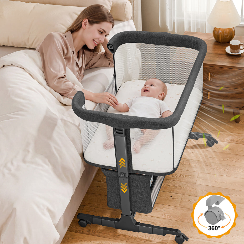 COFUNOK Baby Bassinet,Baby Bassinets Bedside Sleeper With 360° Swivel Wheels,Bedside Bassinet for Newborns,7 Adjustable Height,Full-Mesh Sides,Large Storage Basket-Dark gray