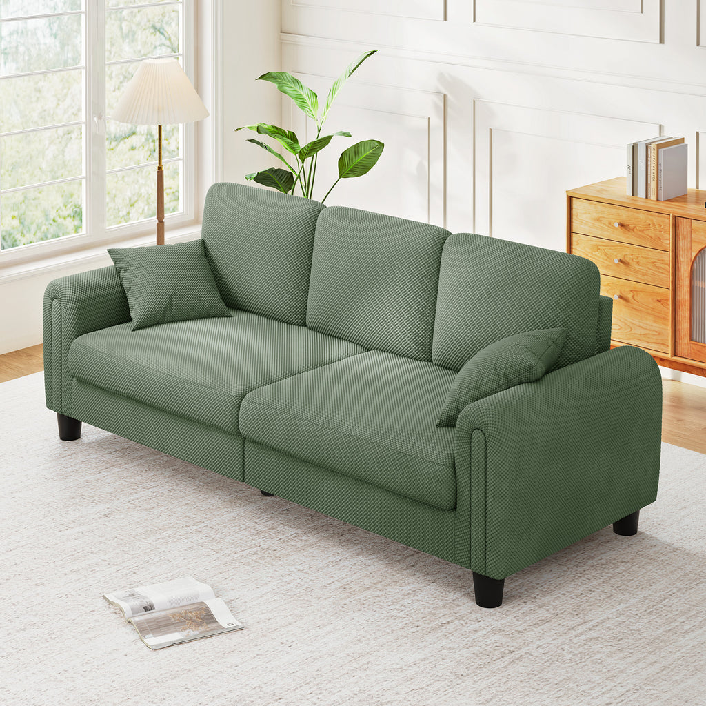 3 Seater Sofa Couches for Living Room, 84.6" Coffee Bean Textured Fabric, 2 Pillows, Green