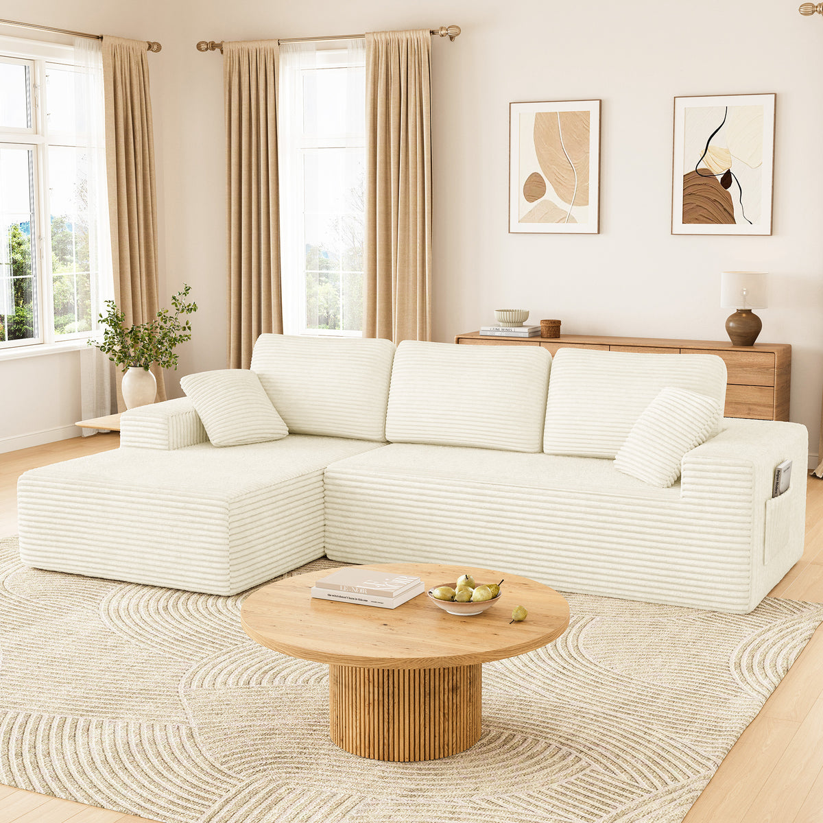 108" Boneless Sofa for Living Room, COFUNOK Modern L-Shaped Corduroy Sectional, Modular Cloud Couch with Deep Seating Upholstered Sofa, Oversized,No Assembly,Beige