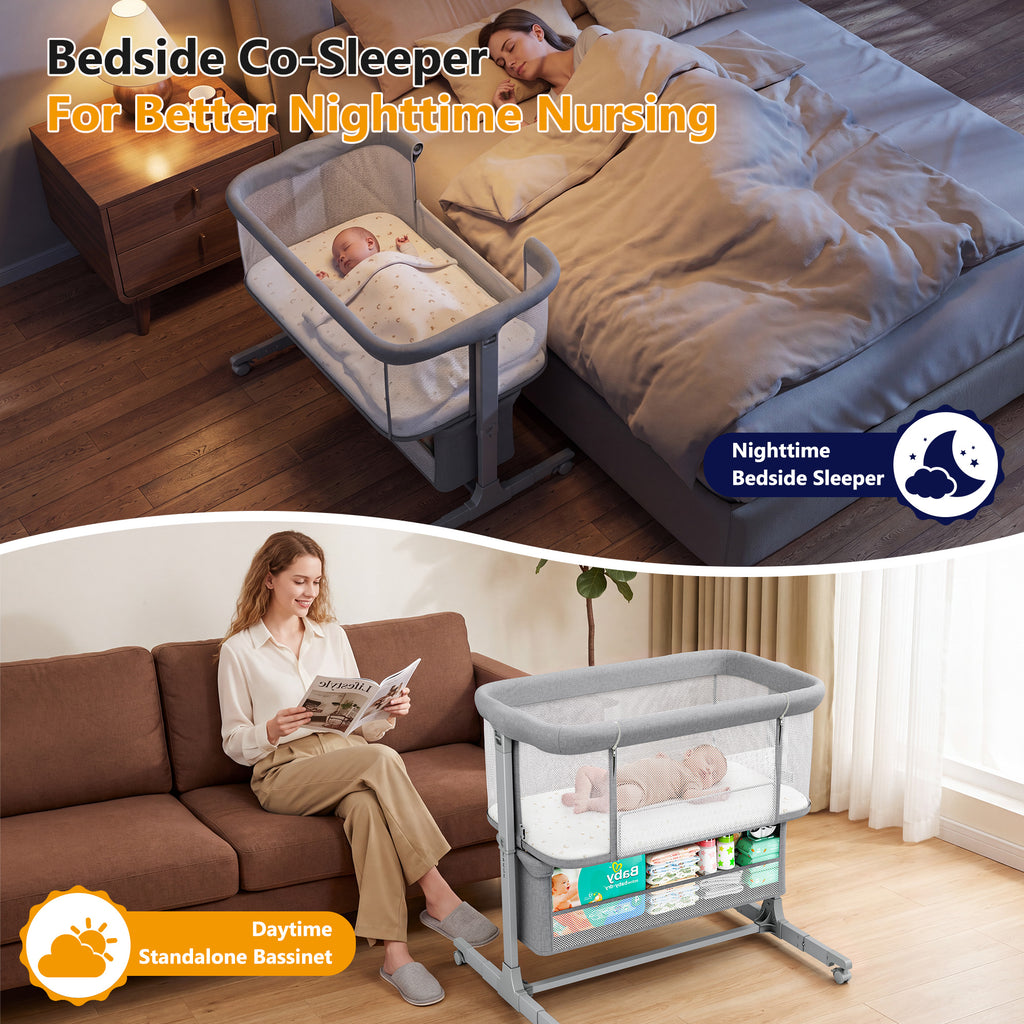 COFUNOK Baby Bassinet,Bedside Bassinet for Baby,Baby Bassinets Bedside Sleeper for Newborns,With 360° Swivel Wheels,7 Adjustable Height,Full-Mesh Sides,Large Storage Basket-Light gray