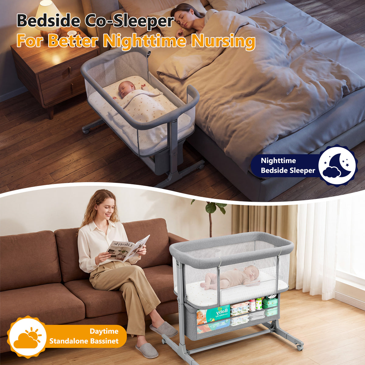 COFUNOK Baby Bassinet,Bedside Bassinet for Baby,Baby Bassinets Bedside Sleeper for Newborns,With 360° Swivel Wheels,7 Adjustable Height,Full-Mesh Sides,Large Storage Basket-Light gray