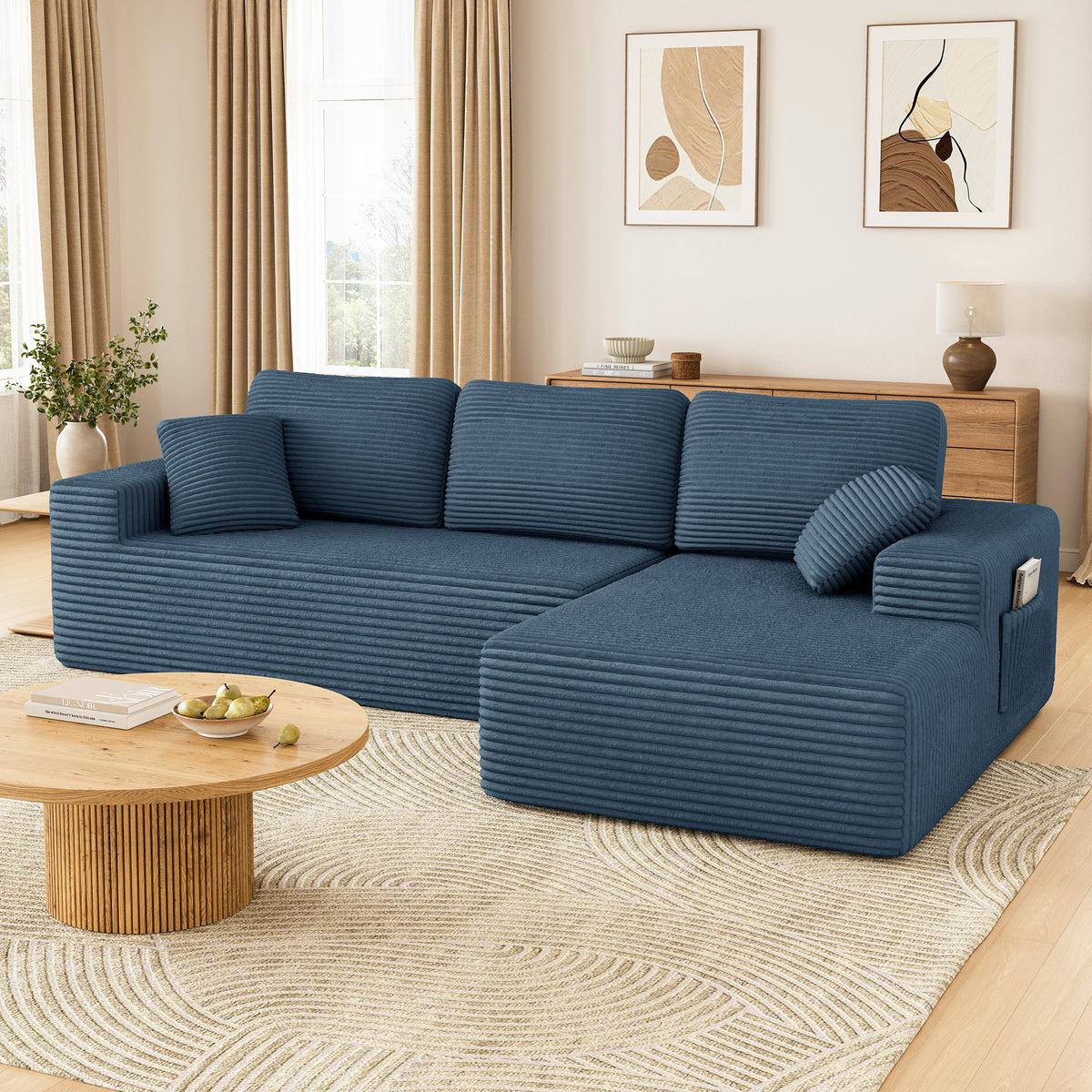 108" Boneless Sofa for Living Room, COFUNOK Modern L-Shaped Corduroy Sectional, Modular Cloud Couch with Deep Seating Upholstered Sofa, Oversized,No Assembly,Blue
