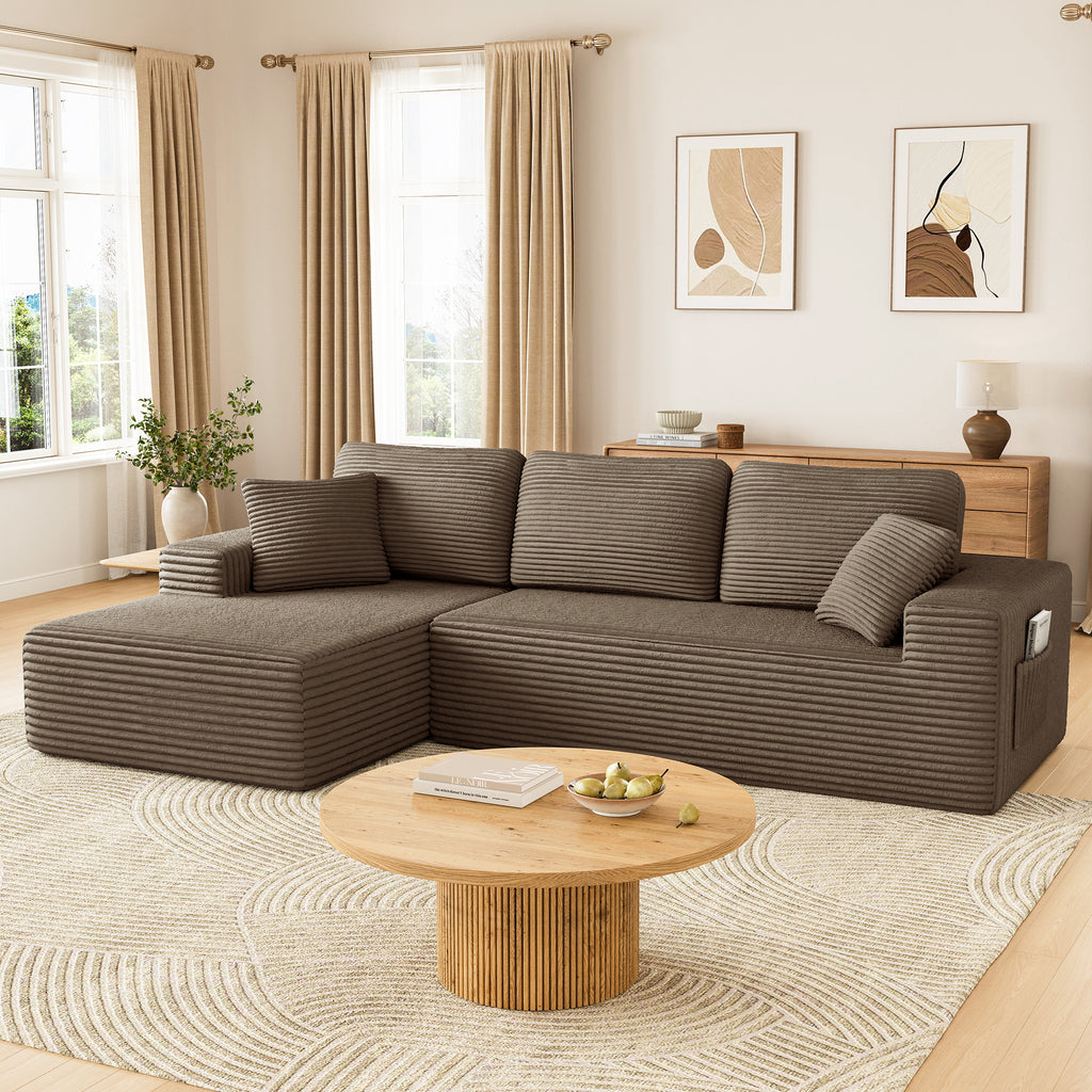 108" Boneless Sofa for Living Room, COFUNOK Modern L-Shaped Corduroy Sectional, Modular Cloud Couch with Deep Seating Upholstered Sofa, Oversized,No Assembly,Brown