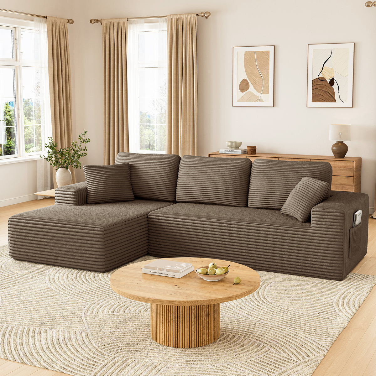 108" Boneless Sofa for Living Room, COFUNOK Modern L-Shaped Corduroy Sectional, Modular Cloud Couch with Deep Seating Upholstered Sofa, Oversized,No Assembly,Brown