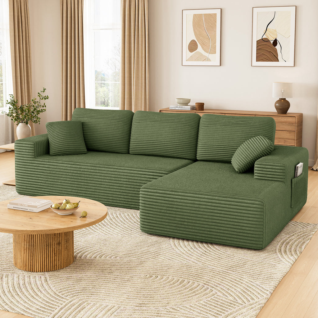 108" Boneless Sofa for Living Room, COFUNOK Modern L-Shaped Corduroy Sectional, Modular Cloud Couch with Deep Seating Upholstered Sofa, Oversized,No Assembly,Green