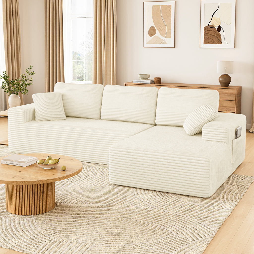108" Boneless Sofa for Living Room, COFUNOK Modern L-Shaped Corduroy Sectional, Modular Cloud Couch with Deep Seating Upholstered Sofa, Oversized,No Assembly,Beige