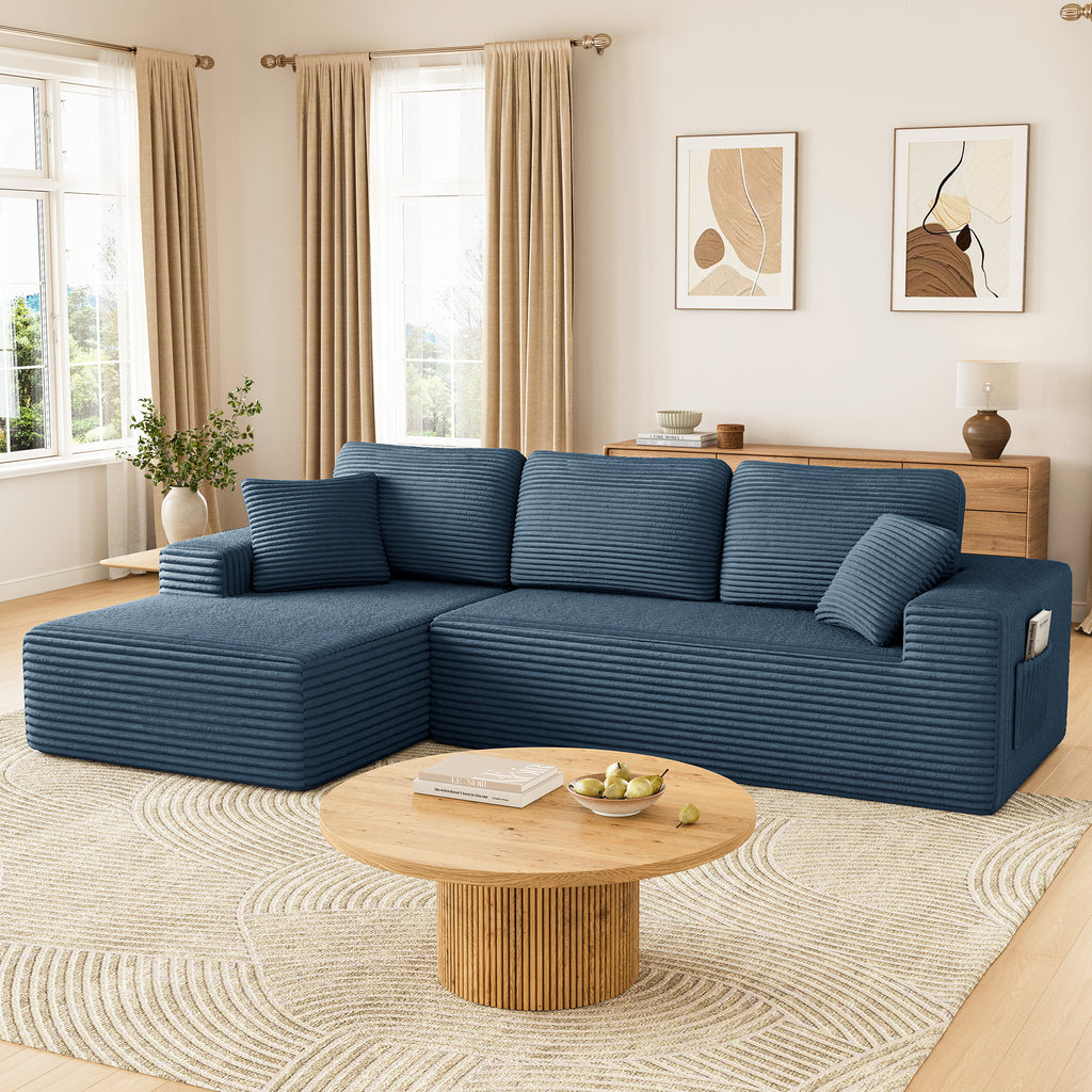 108" Boneless Sofa for Living Room, COFUNOK Modern L-Shaped Corduroy Sectional, Modular Cloud Couch with Deep Seating Upholstered Sofa, Oversized,No Assembly,Blue