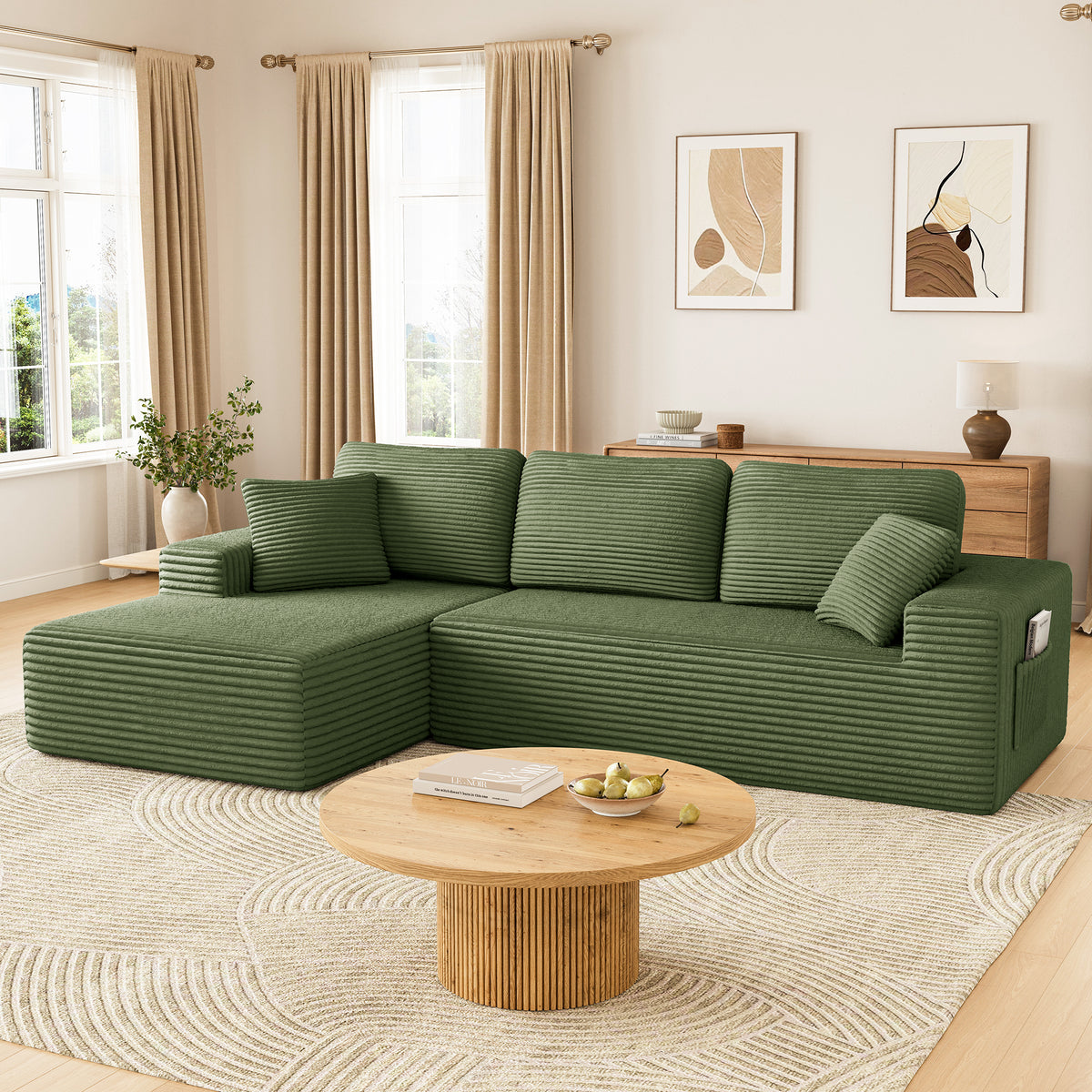108" Boneless Sofa for Living Room, COFUNOK Modern L-Shaped Corduroy Sectional, Modular Cloud Couch with Deep Seating Upholstered Sofa, Oversized,No Assembly,Green