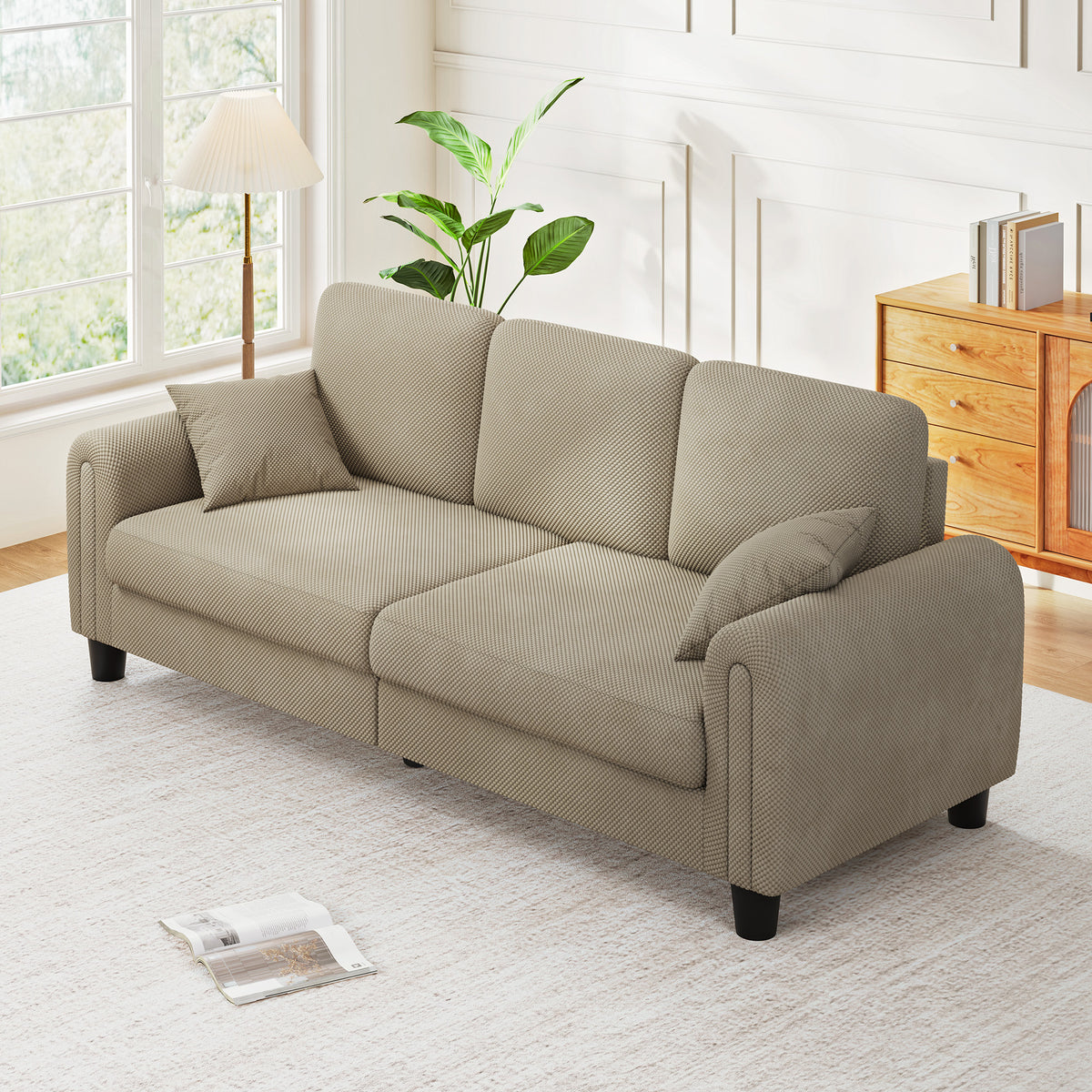 3 Seater Sofa Couches for Living Room, 84.6" Coffee Bean Textured Fabric, 2 Pillows, Camel