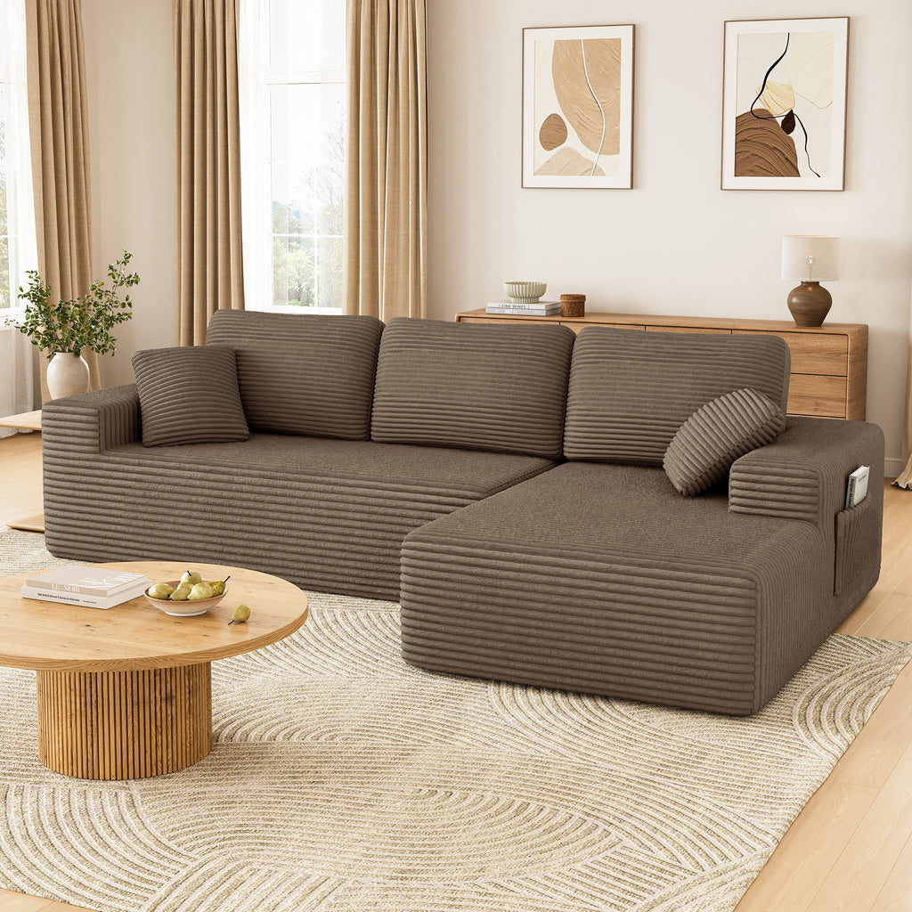 108" Boneless Sofa for Living Room, COFUNOK Modern L-Shaped Corduroy Sectional, Modular Cloud Couch with Deep Seating Upholstered Sofa, Oversized,No Assembly,Brown