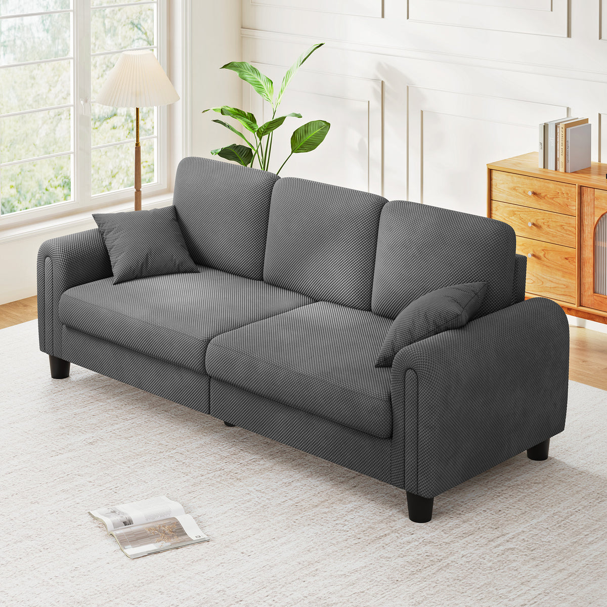 3 Seater Sofa Couches for Living Room, 84.6" Coffee Bean Textured Fabric, 2 Pillows, Gray