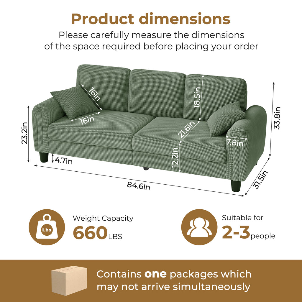 3 Seater Sofa Couches for Living Room, 84.6" Coffee Bean Textured Fabric, 2 Pillows, Green