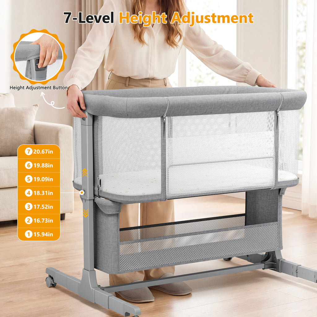 COFUNOK Baby Bassinet,Bedside Bassinet for Baby,Baby Bassinets Bedside Sleeper for Newborns,With 360° Swivel Wheels,7 Adjustable Height,Full-Mesh Sides,Large Storage Basket-Light gray