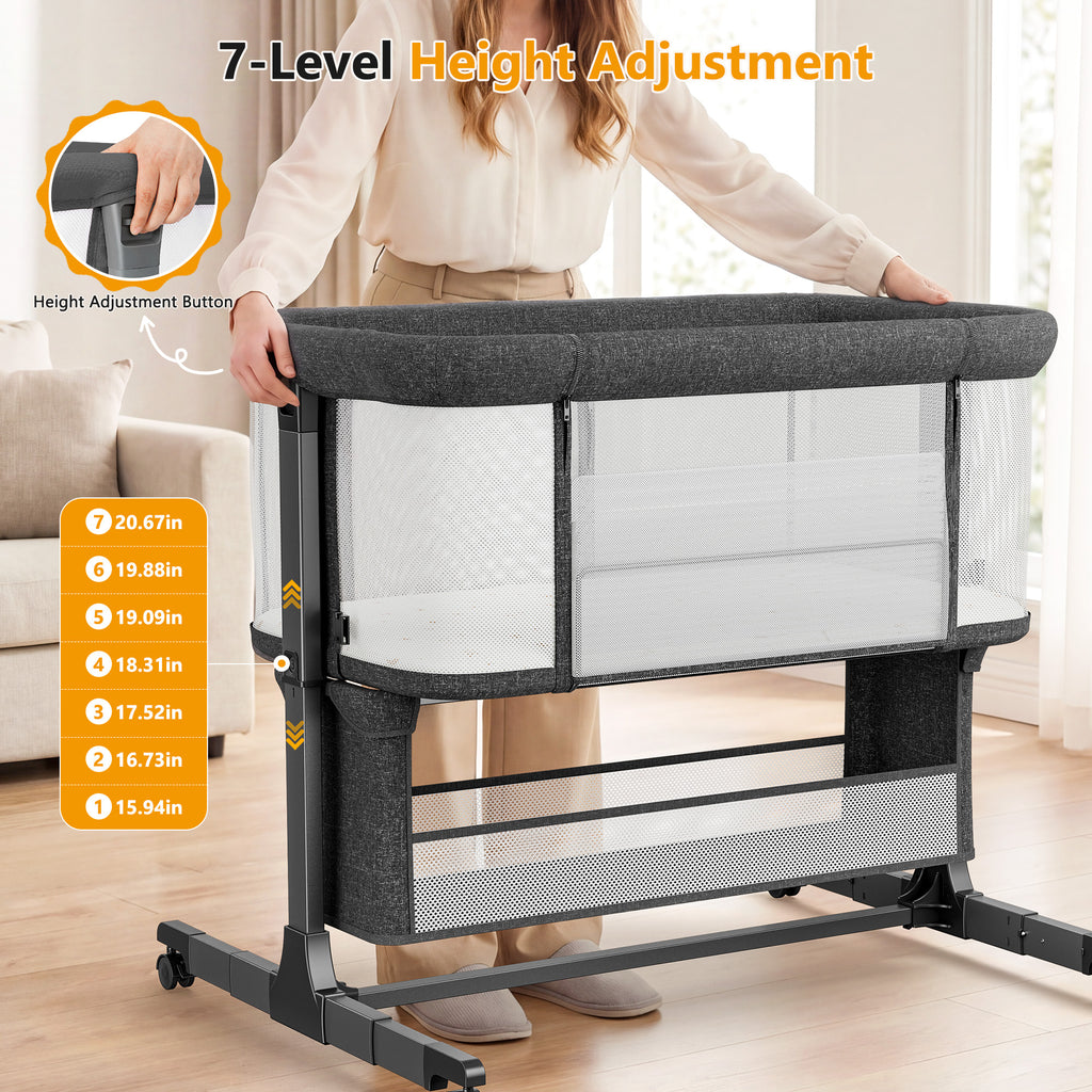 COFUNOK Baby Bassinet,Baby Bassinets Bedside Sleeper With 360° Swivel Wheels,Bedside Bassinet for Newborns,7 Adjustable Height,Full-Mesh Sides,Large Storage Basket-Dark gray