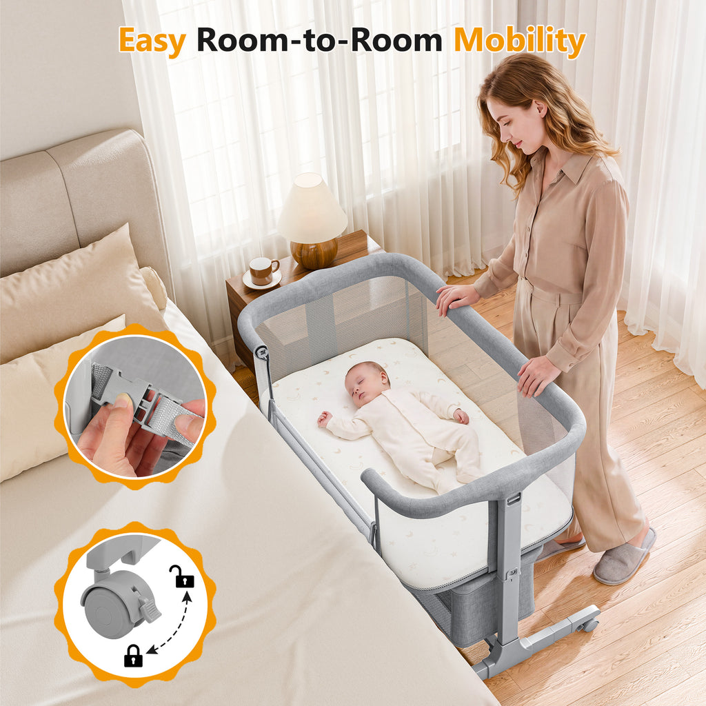 COFUNOK Baby Bassinet,Bedside Bassinet for Baby,Baby Bassinets Bedside Sleeper for Newborns,With 360° Swivel Wheels,7 Adjustable Height,Full-Mesh Sides,Large Storage Basket-Light gray