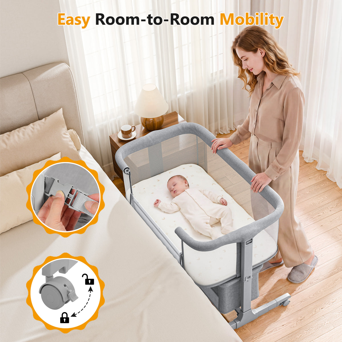 COFUNOK Baby Bassinet,Bedside Bassinet for Baby,Baby Bassinets Bedside Sleeper for Newborns,With 360° Swivel Wheels,7 Adjustable Height,Full-Mesh Sides,Large Storage Basket-Light gray