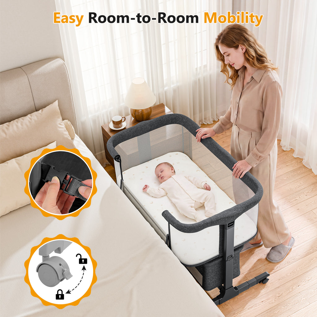 COFUNOK Baby Bassinet,Baby Bassinets Bedside Sleeper With 360° Swivel Wheels,Bedside Bassinet for Newborns,7 Adjustable Height,Full-Mesh Sides,Large Storage Basket-Dark gray