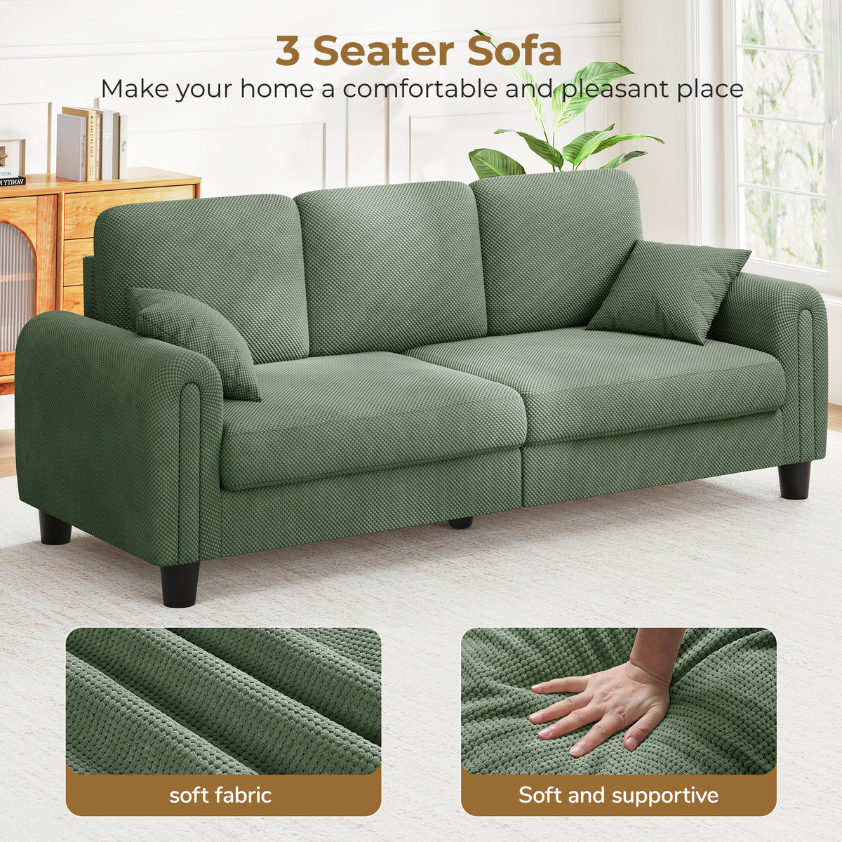 3 Seater Sofa Couches for Living Room, 84.6" Coffee Bean Textured Fabric, 2 Pillows, Green