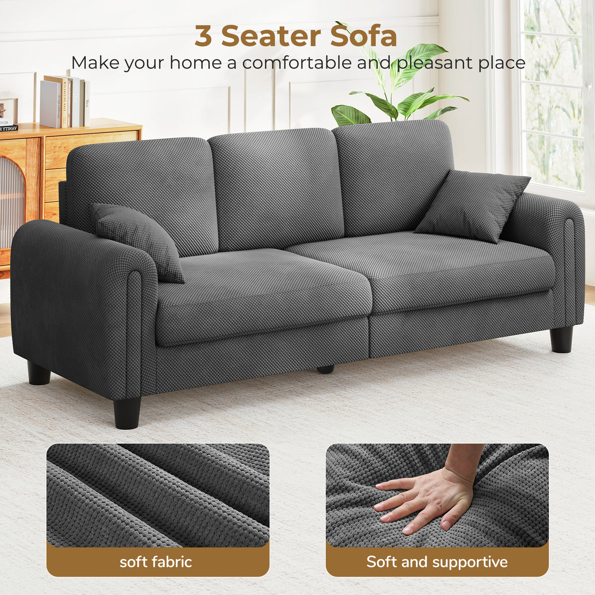 3 Seater Sofa Couches for Living Room, 84.6" Coffee Bean Textured Fabric, 2 Pillows, Gray